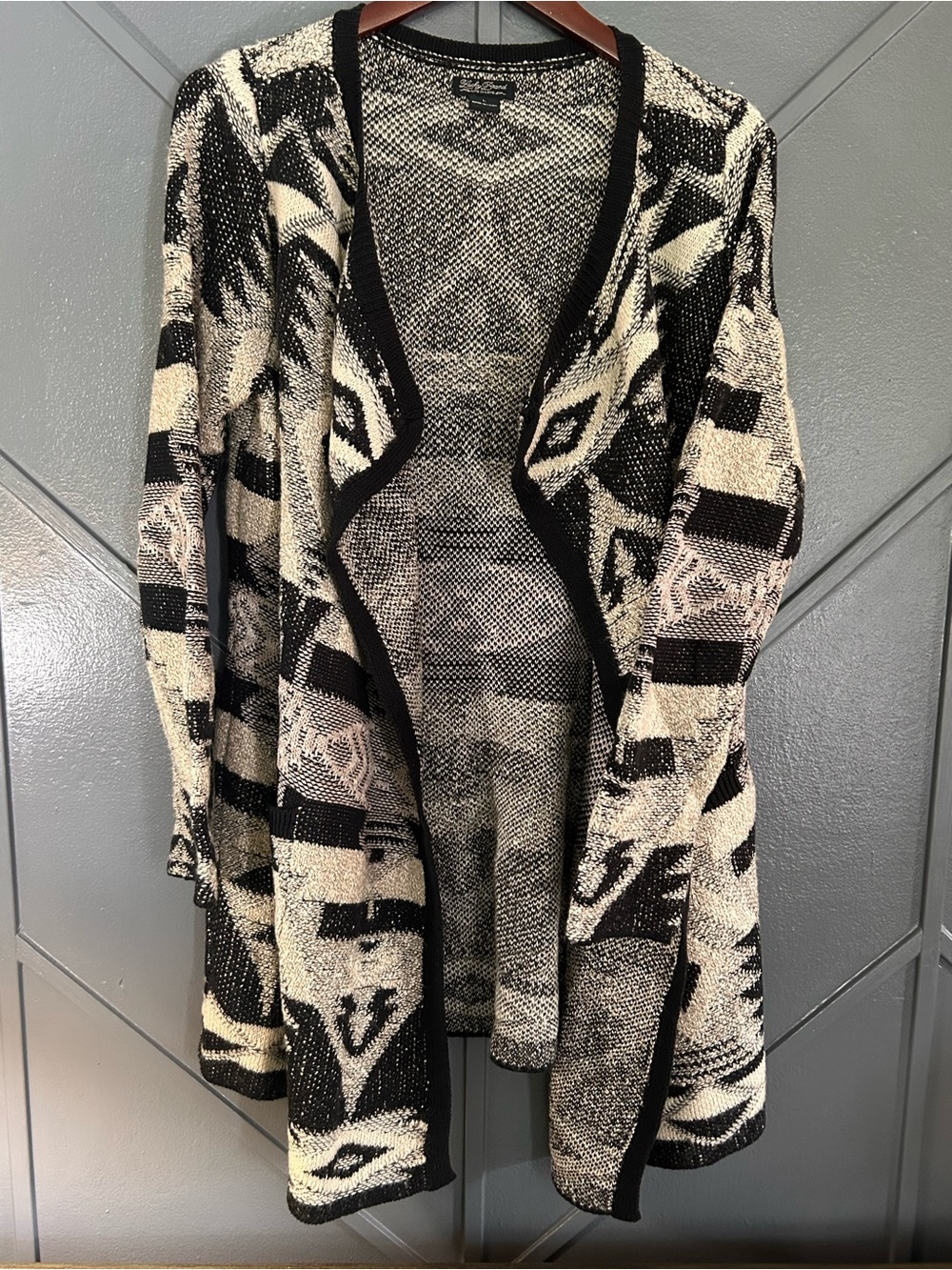 Lucky Brand Black & Cream Geometric Open-Front Cardigan